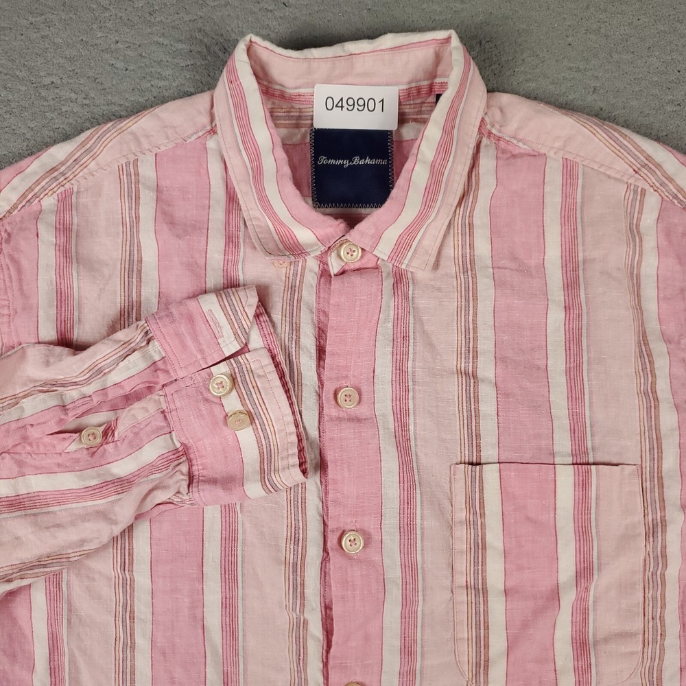 Tommy Bahama Shirt Mens Large Pink Striped Linen Cotton Button Up Long Sleeve